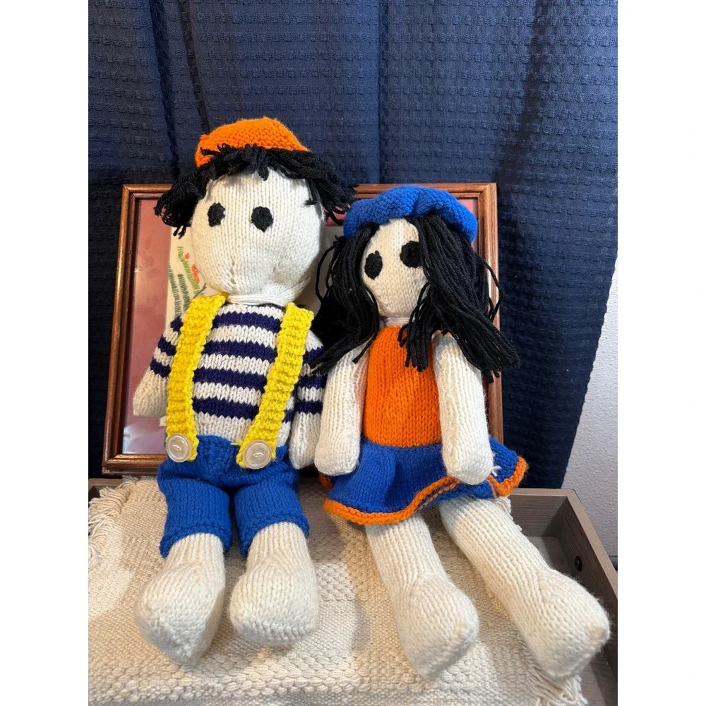 Vintage Handmade Knit Dolls Boy and Girl Set Striped Sweater Suspenders hats‎